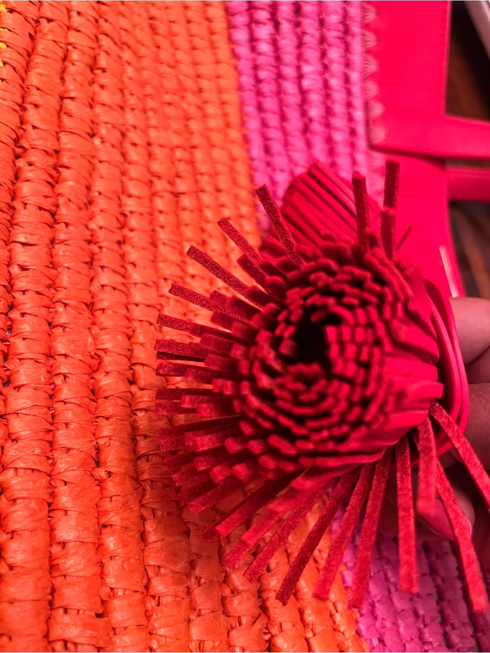 Kate Spade Pier Striped Straw Medium Tote in Pink, Orange & Yellow w/Tassel - Picture 15 of 17